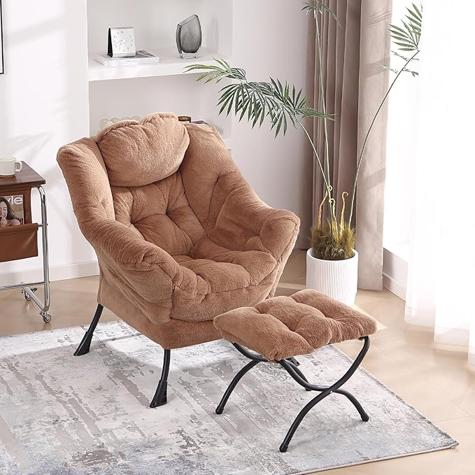 MBOOYOME Lazy Chair with Ottoman, Modern Accent Lounge Armchair with Side Pocket & Foldable Footstool, Leisure Reading Chair for Living Room, Bedroom, Dorm & Office, Plush Brown