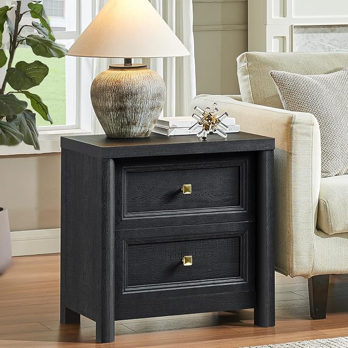 Standifurno Black Night Stand for Bedroom, Rustic Nightstand with 2 Drawers, Black and Gold Nightstand with Metal Knobs Farmhouse Wood Bedside Table End Table Living Room Sofa Side Table 22.8” Wide - Image 2