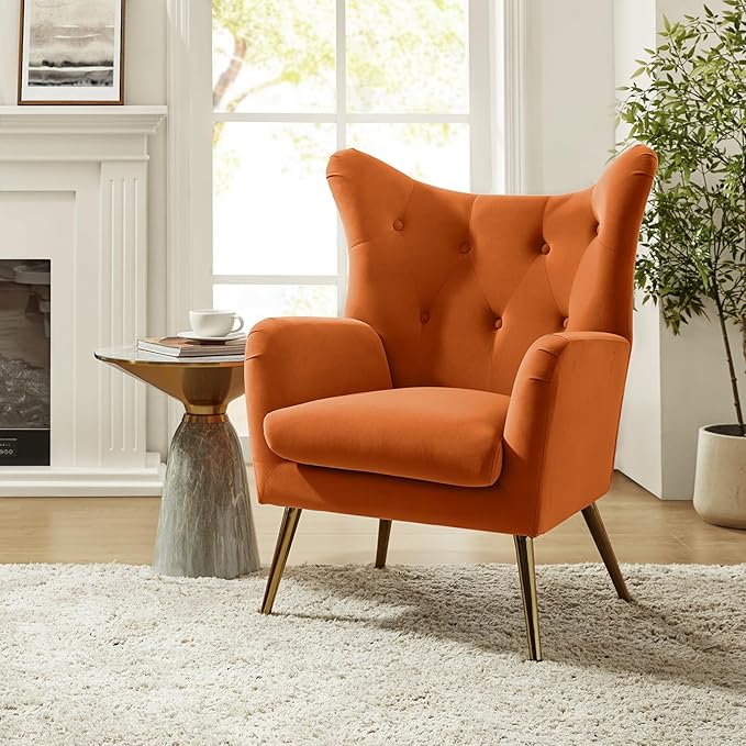 HULALA HOME Velvet Accent Chair Set of 2, Modern Wingback Arm Chair with Metal Gold Legs, Velvet Tufted Upholstered(Orange)