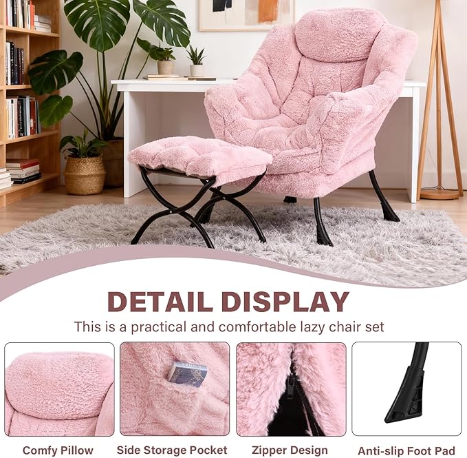 Lazy Chair with Ottoman, Modern Accent Chair Lounge Leisure Sofa Chair with Armrests, Reading Chair and Folding Footstool for Living Room, Bedroom, Office, Plush Pink