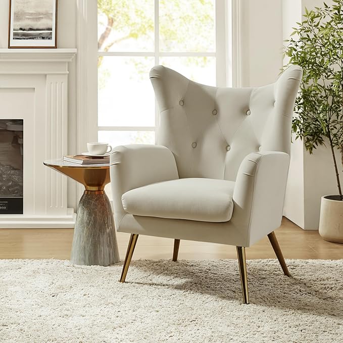 HULALA HOME Velvet Accent Chair Set of 2, Modern Wingback Armchair with Metal Gold Legs, Velvet Tufted Upholstered for Living Room Bedroom(TAN)