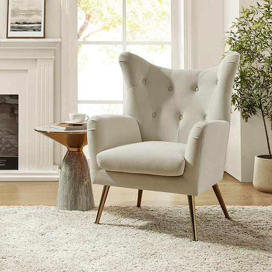 HULALA HOME Velvet Accent Chair, Modern Wingback Arm Chair with Metal Gold Legs, Velvet Tufted Upholstered for Living Room Bedroom(TAN)