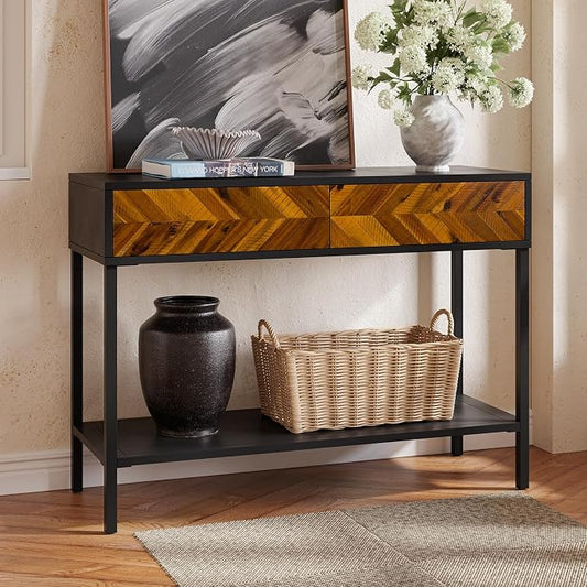 Bme Vivian Console Table with 2 Drawers, Solid Acacia Wood Entryway Table, Rustic Golden Brown Mid Century Modern Sofa Table with Storage, Solid Wood Hallway Table for Living Room or Foyer by Bme