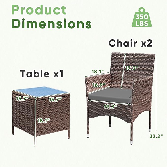 Greesum 3 Pieces Patio Dining PE Rattan Wicker Chair Furniture Set with Cushion and Glass Coffee Table for Outdoor Garden Backyard Poolside, Brown and Grey