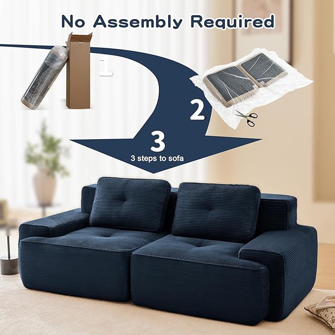 Casaphoria 80'' Corduroy Couch Sectional, 2 Seater Boneless Couches for Living Room, Green Modular Cloud Sofa with 2-Pillow, Extra Deep Seat Sofa with No Assembly
