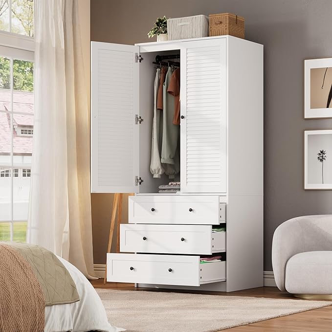 GarveeHome Armoire Wardrobe Closet with Drawers, 69.5 in Wooden Wardrobe Cabinet with Hanging Rod, 2 Doors Clothing Storage Cabinet for Bedroom, Large Capacity Storage, Louvered Door, White