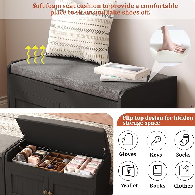 HOMEFORT 30" Shoe Bench with Lift Top Storage, Entryway Bench with Cushioned Seat, Wooden End of Bed Bench, Shoe Cabinet Bench with Hidden Storage Space, for Bedroom, Hallway,Black - Image 6
