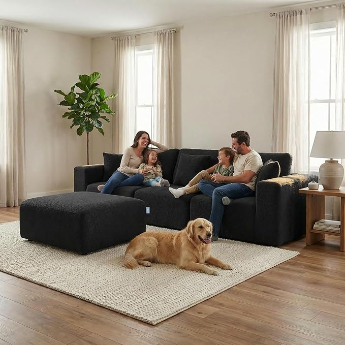 Life Balance Modular Sectional Sofa for Living Room, 106 Inch L-Shape 4-Seat Couches with Chaise, Modular Design Easy to Assemble, Cloud Soft Fabric, Black (Sherpa Fabric)