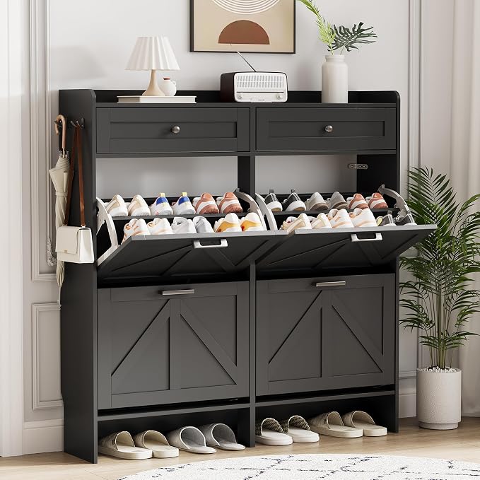 Shoe Cabinet with 4 Flip Drawers & 2 Top Drawers, 43" Tall Freestanding Narrow Wooden Shoe Storage Organizer for Entryway, Hidden Slim Shoe Rack for Front Door Entrance, Hallway, Living Room, Black by Xixini