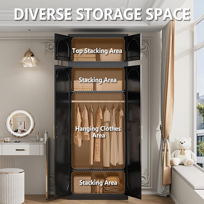 Polup Metal Armoire Wardrobe Closet, 86 Inch Tall Freestanding Wardrobe Cabinet with Hanging Rod, Bedroom Armoires with Doors, 18" D x 32" W x 86" H, Black, Assemble Required, Shipped in Two Packages