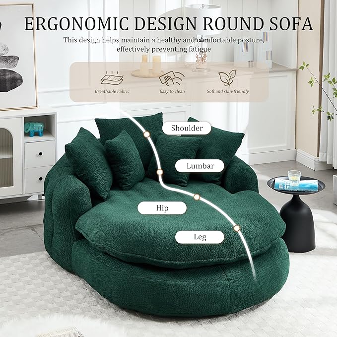 KEIKI 71" Chenille Round Boneless Sofa Couch, Oversized Chaise Lounge Chair Couches Indoor, No Assembly Required Floor Lazy Bean Bag, Modern Sleeper Sofa Bed for Living Guest Room & Bedroom, Green