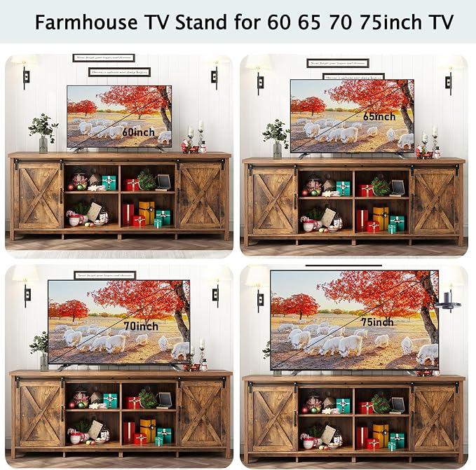 70" Farmhouse TV Stands for 70 75 80inch TV w/Adjustable Shelves,Sliding Barn Door.Wooden Entertainment Center,TV Console Cabinet with Storage for Bedroom Living Room(Brown 70in) - Image 3