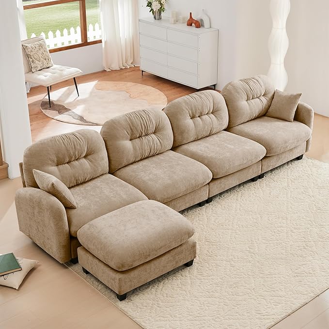 KEIKI 140" L-Shaped Oversized Chenille Modular Sectional Sofa with 1 Ottoman, High-Density Foam Cushions, Tufted Pleated Cushion Backrest, Modern 4-Seater Couch with 2 Pillow, for Living Room, Camel
