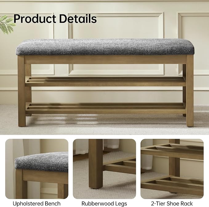 VKNOW 44.3” Wooden Entryway Bench, 2-Tier Upholstered Shoe Storage Bench for Bedroom, Storage End of Bed Bench with Rubberwood Legs for Living Room, Hallway, Black - Image 4