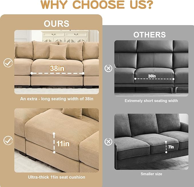 KEIKI 83" Oversized Corduroy Modular Sectional Loveseat Sofa with 2 Ottoman, High-Density Foam Cushion, Extra-Thick Armrest, Modern 2-Seater Fluffy Corner Couch with 6 Pillow, for Living Room, Camel