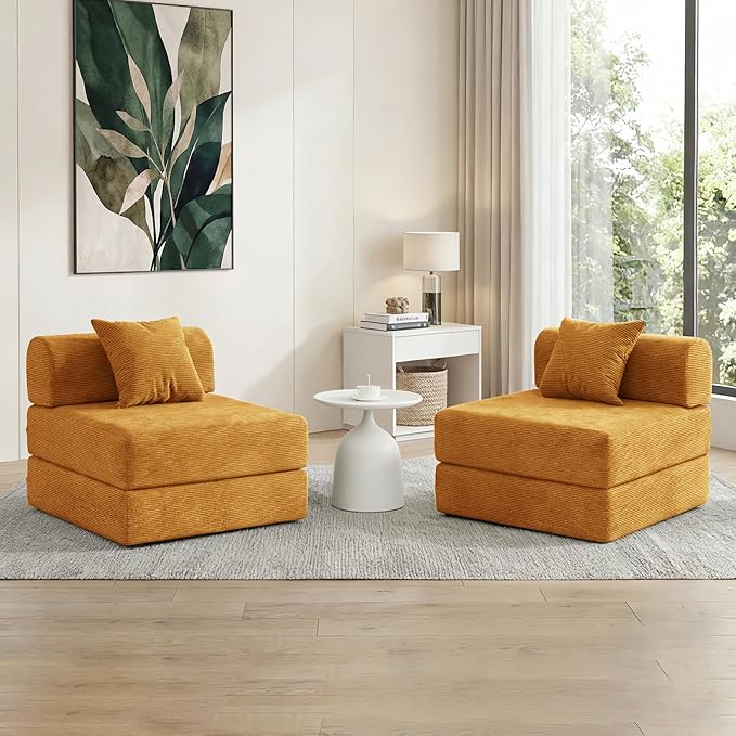 31.5'' Convertible Compressed Corduroy Folding Cloud Sofa Bed Set of 2, 2 Pieces Modern Boneless Pull Out Sleeper Sofa Couch, 3 in 1 Portable Lazy Floor Lounge Chair Set, No Assembly Needed, Yellow