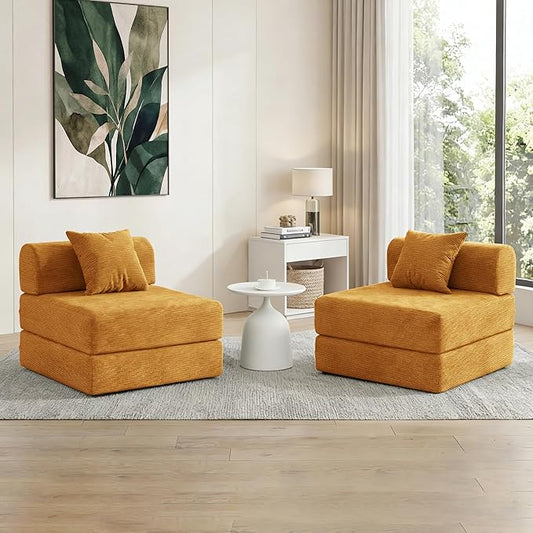 31.5'' Convertible Compressed Corduroy Folding Cloud Sofa Bed Set of 2, 2 Pieces Modern Boneless Pull Out Sleeper Sofa Couch, 3 in 1 Portable Lazy Floor Lounge Chair Set, No Assembly Needed, Yellow