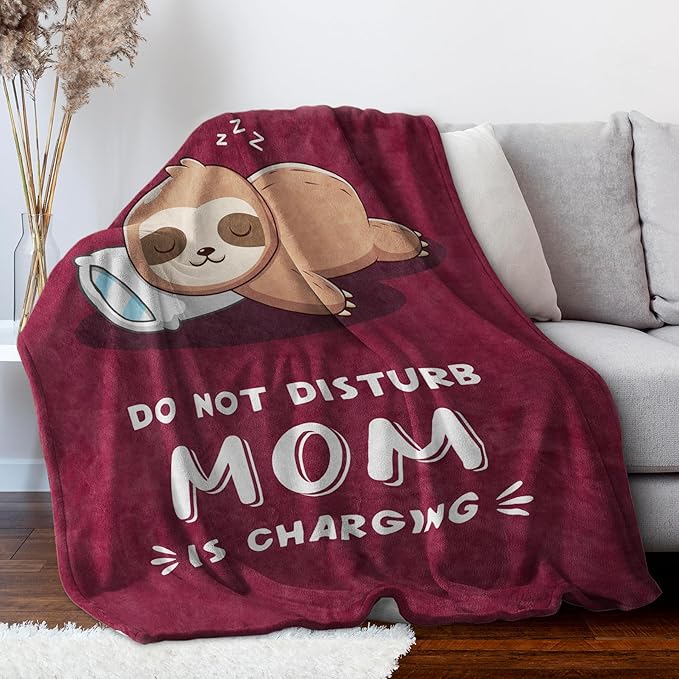 Funny Gifts for Mom Mothers Day, Mom is Charging Sloth Blanket, Birthday Gifts for Moms from Daguther Son, Moms Gift for Mothers Day, Soft Sloth Throws Blanket for Mother, Burgundy, 60" x 80"