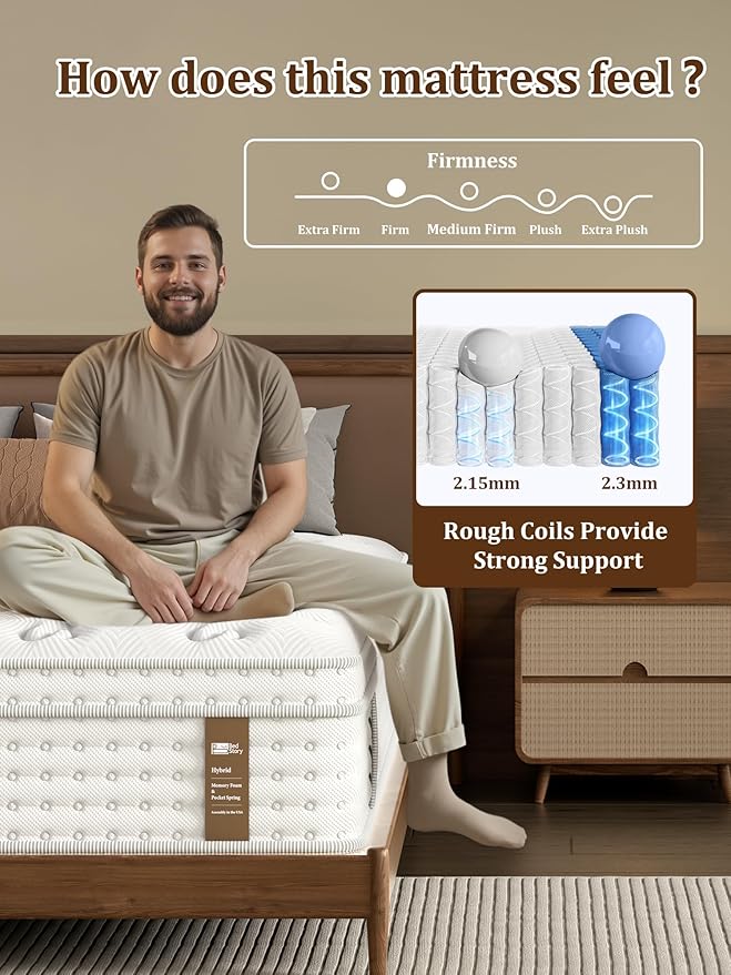 BedStory Firm Queen Mattress 14 Inch, Hybrid Queen Size Mattress in a Box, Back Pain Relief, Luxury Pocket Spring Mattress, Fiberglass-Free, 365-Night-Trial, 10 Year Warranty