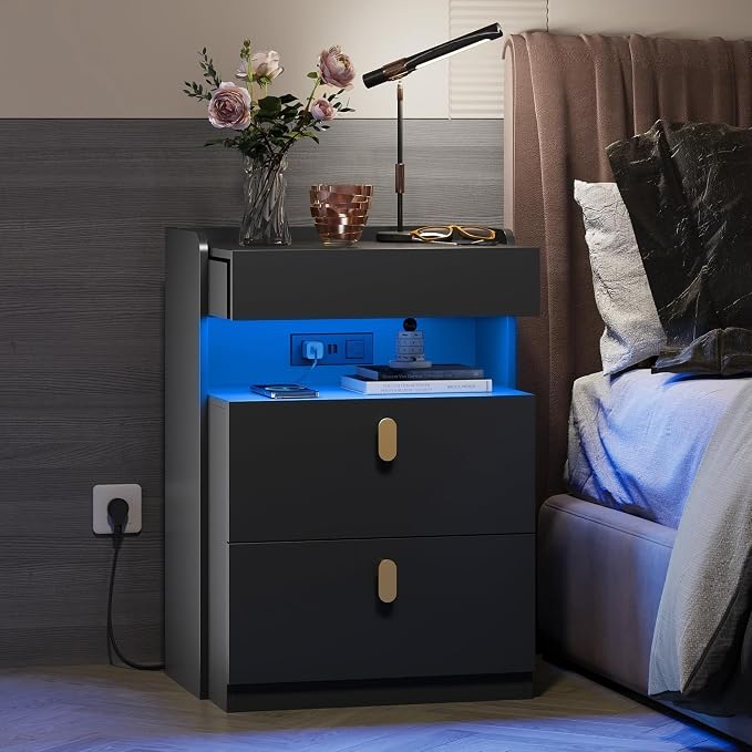 WLIVE Black LED Nighstand with Charging Station, Night Stand with Sliding Top and 2 Drawers, Modern Bedside Table End Tables with Hidden Space for Bedroom, Living Room, Black by WLIVE