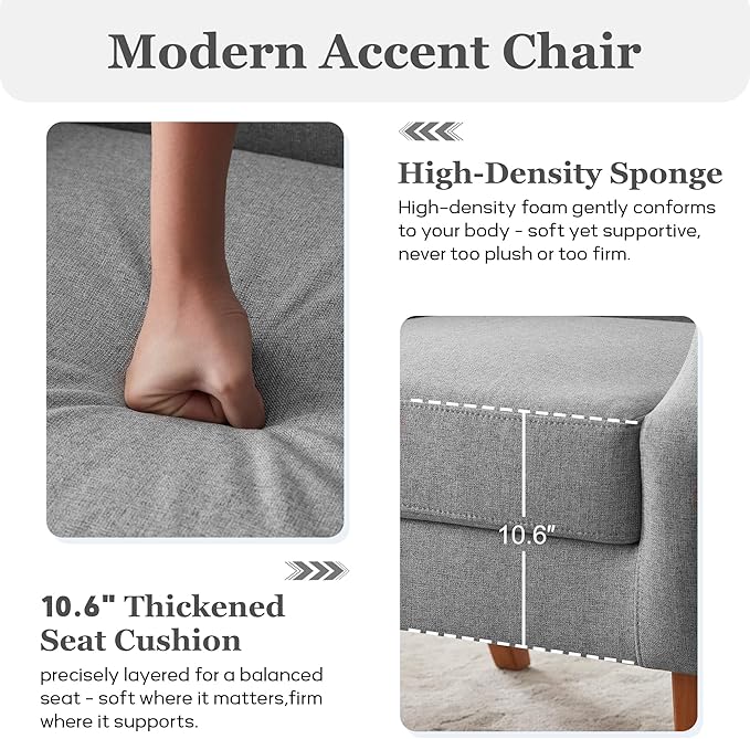 Accent Chair for Living Room,No Assembly Upholstered Mid Century Modern Comfy Tufted Armchairs with Wooden Legs,Sofa Chairs for Bedroom, Reading Waiting Room Apartment Grey