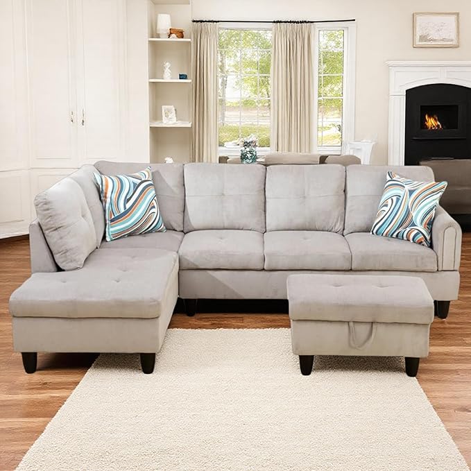 NicBex Modular L-Shaped Sectional Couches, 3-Piece Convertible Couch with Storage Ottoman, 4-Seat Comfy Sofa with Chaise for Living Room & Apartment, Grey White