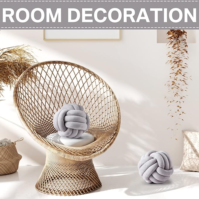 Namalu 2 Pcs Soft Knot Pillow Ball, Decorative Round Throw, Soft Knotted Plush Pillows, Handmade Stuffed Ball Pillows Cushion for Bedroom Sofa Couch Home Decor(10.6 Inches,Light Gray)