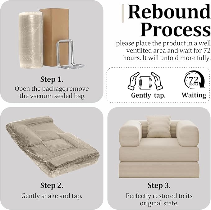 Folding Sofa Bed, 2 in 1 Convertible Sofas to Lounger Comfy Single Bean Bag Chair Floor Portable Foldable Sleeper Lazy Futon Couch Chair for Bedroom, Living Room (Beige, 35.43" Single Sofa)