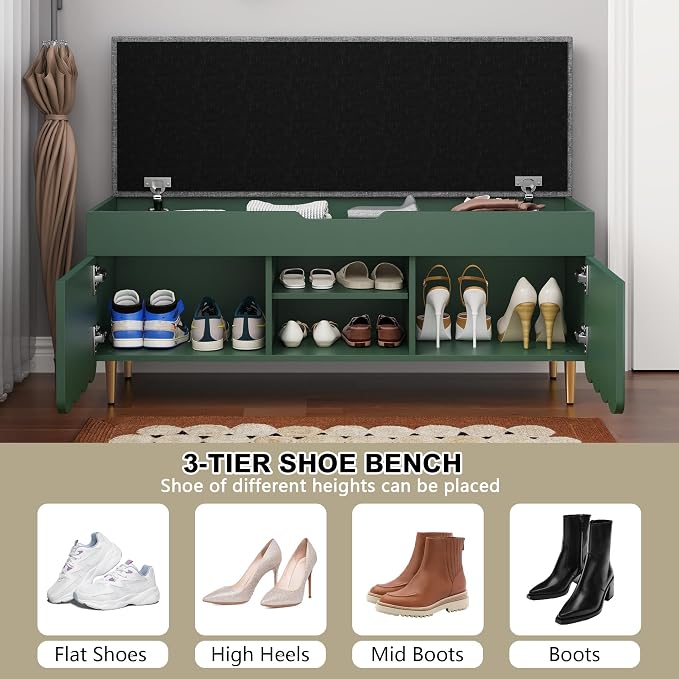 3More 40" Entryway Shoe Storage Bench,Upholstered Hidden Space Beneath Seat Cushion Bench,2-Tier Unique Geometric Shape with Wood Grain,Green - Image 6