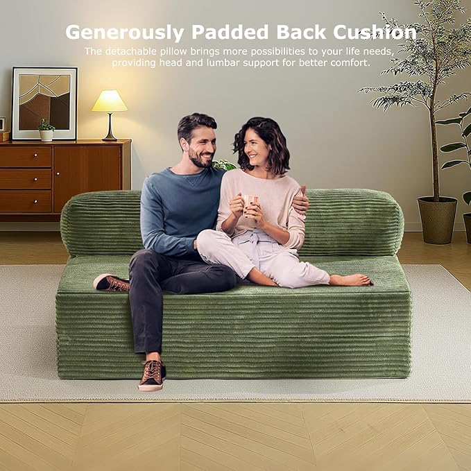 Folding Futon Sofa Bed Full Size, 6 inch Convertible Floor Couch Bed with Removable Corduroy Cover, Pull Out Couch for Small Spaces High-Density Foam,Green