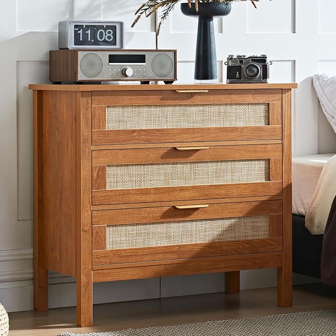 LEYAOYAO 31.5" Wide Rattan Nightstand, Large Boho 3 Drawer Night Stand, Tea Brown Bedside Table with Storage, Tall Bed Side End Tables, Chest of Drawers Dressers for Bedroom, Living Room, Hallway by LEYAOYAO-Findtheshiningpointofyourideallife%EF%BC%81