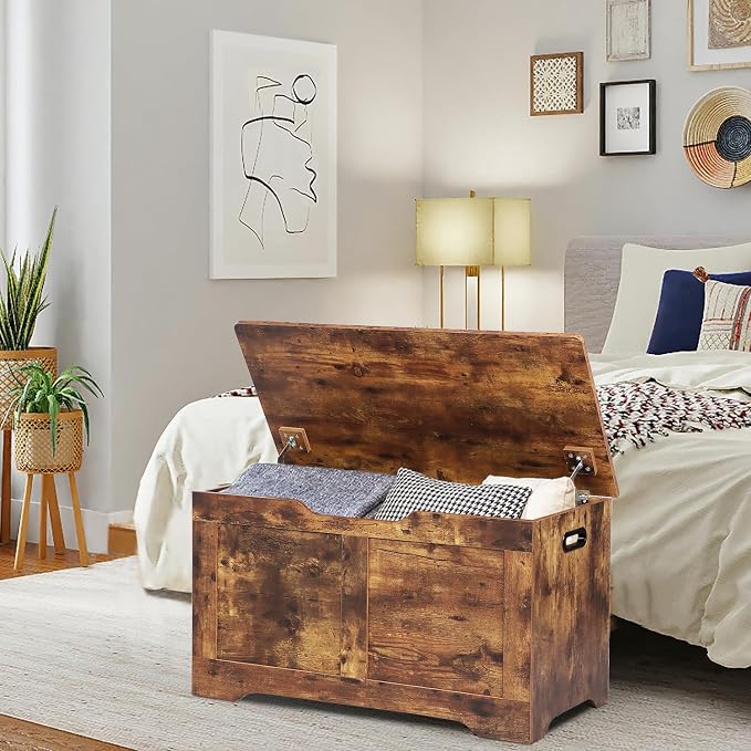 Timberer 31.5" Storage Chest, Wooden Storage Bench, Lift Top Toy Chest with 2 Safety Hinges, Large Toy Box, Entryway Shoes Bench for Living Room, Bedroom, Rustic Brown - Image 2