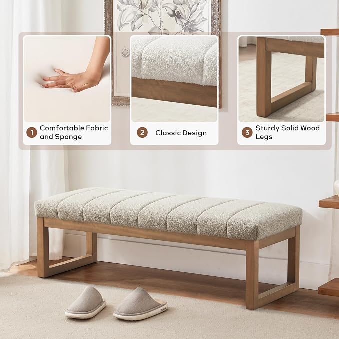 Zihanhome 52.7" Bedroom Bench for End of Bed, Modern Upholstered Teddy Fabric Entryway Bench & Dining Bench, Footrest Stool Bench with Solid Wood Frame for Bedroom, Living Room (Camel) - Image 7