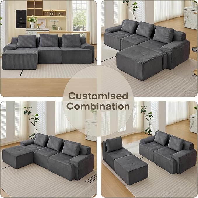 Modular Sectional Sofa, 6 Seat Modular Couch, Modular Sofa with Deep Seat and Detachable Pillow (Grey, 4 Pieces-L Shape)