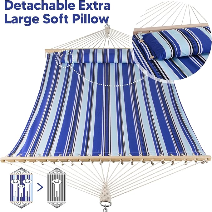 SUNCREAT Hammocks Quilted Fabric Hammock, Double Hammock with Spreader Bar, Soft Pillow, Max 475lbs Capacity, Blue Stripes - Image 3