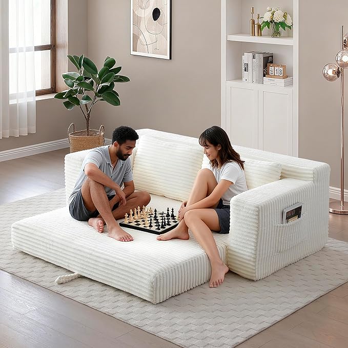 73" Convertible Sofa Bed, 2 in 1 Corduroy Folding Couch with Pillows, No Assembly Boneless Compression Sofa in Box, Loveseat with Side Storage Pocket for Apartment, Living Room, Beige