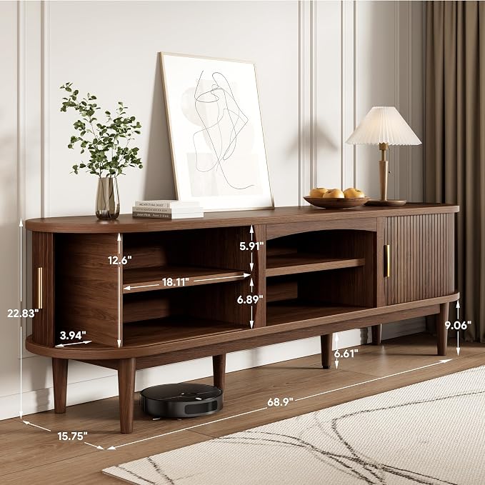 Decofy Mid Century TV Stand for TVs up to 80 Inches, Entertainment Center with Storage, Power Outlet, Fluted Sliding Doors & Adjustable Shelves, Modern Media TV Console Table for Living Room (Walnut) - Image 2