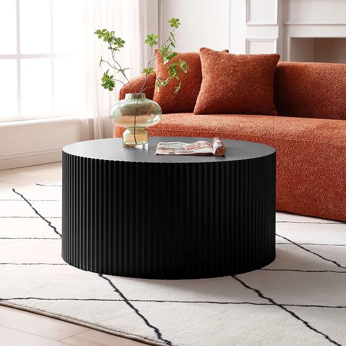 kevinplus 55.12'' Black Round Nesting Coffee Table Set of 2, Modern Side End Table for Living Room, Contemporary Wood Circle Embossed Crescent Design, No Assembly, Black