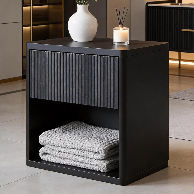 Yechen 23" W Black Fluted Nightstand with Hidden Drawer and Open Shelf, Lareg Mid Century Modern Bedside Table with Curved Profile, Wood Accent End Table for Bedroom by Yechen