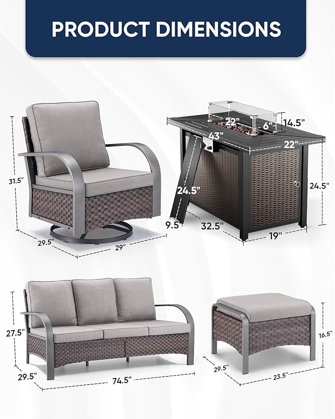 HUMMUH Patio Conversation Sets with Fire Pit-All Weather Wicker Outdoor Swivel Chair with Patio Couch Outdoor Patio Furniture for Deck Porch Garden Poolside Backyard-Brown/Grey