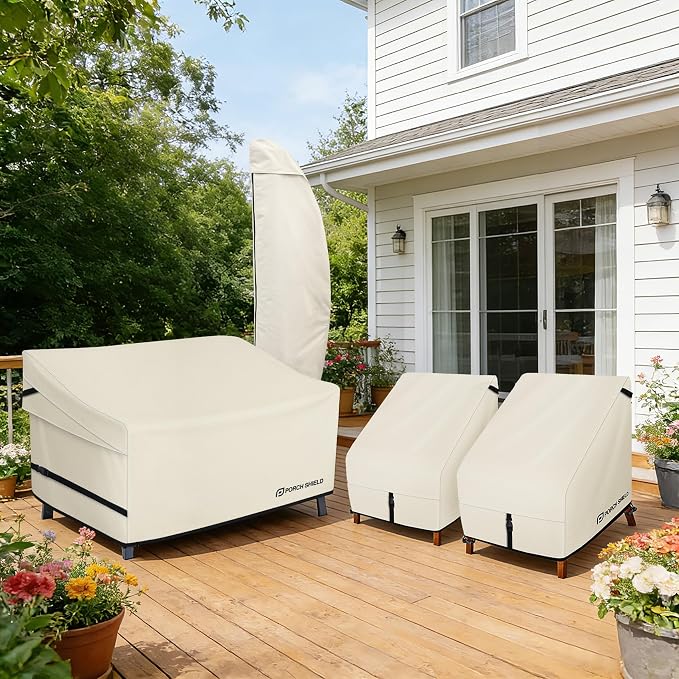 Porch Shield Patio 3-Seater Sofa Cover - Waterproof Outdoor Couch Deep Seat Sofa Cover 86W x 38D x 35H inch, Beige - Image 6