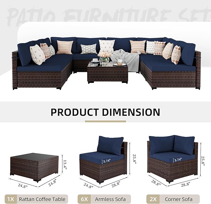 UPHA 9 Pieces Patio Furniture Sets, Wicker Outdoor Sectional Sofa Couch with Coffee Table, Patio Conversation Set for Deck Backyard Garden, Brown Rattan, Navy Blue Cushion