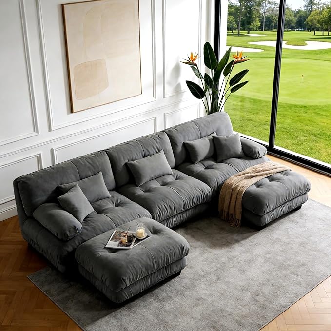 133.8" U-Shaped Cloud Couch, Oversized Modular Sectional Sofa, Deep Seat Cloud Boneless Couch, 3-Seat Modular Sectional Sofa with 2 Ottoman or Living Room,Bedroom and Apartment, Gray