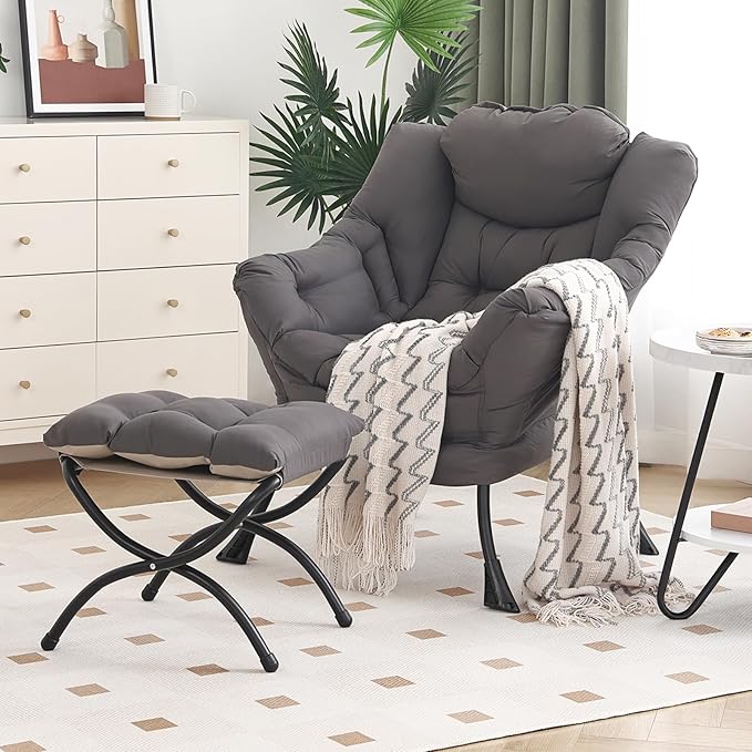 Furlide Lazy Chair with Ottoman, Modern Chair with Folding Footrest, Dark Grey Accent Chair, Comfortable Reading Chair, Oversized Armchairs for Bedroom, Study, Living Room, Courtyard