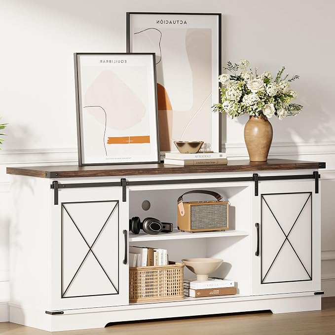 IDEALHOUSE Farmhouse TV Stand and Entertainment Center for Tv up to 65 inches with Sliding Barn Doors, Tv Media Console Table with Storage Cabinet for Living Room, White & Brown by IDEALHOUSE