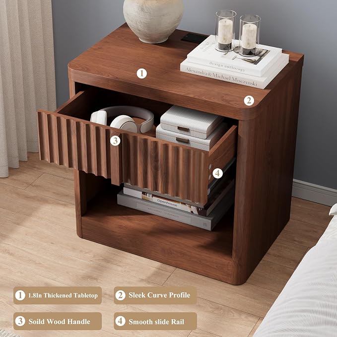 YANSNWO Fluted Nightstand with Charging Station, 23.6" Bedside Table with Open Shelf and Drawers Storage, End Table with Solid Wood Handle, Curved Profile Design, Night Stand for Bedroom, Walnut - Image 5
