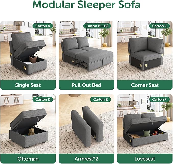 HONBAY Storage Ottoman Module for Sectional Sleeper Sofa with Pull Out Bed, Movable Footrest Ottoman for Modular Couch, Dark Grey