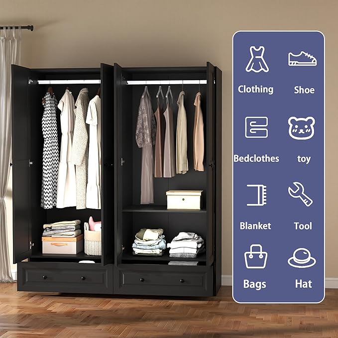 Armoire Wardrobe Closet with Drawers: 74" Black Wardrobe Close with 4 Doors and 2 Drawers, Tall Armoire with Hanging Rod, Large Wooden Clothes Cabinet for Bedroom (Black, 63")