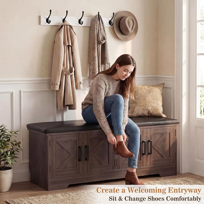 Farmhouse Shoe Storage Bench with Cushion - 43.3" Entryway Bench with Storage & 4 Barn Doors, 2-Tier Wooden Shoe Rack Bench, Shoe Cabinet & Mudroom Bench for Bedroom Hallway Living Room, Black Walnut - Image 2