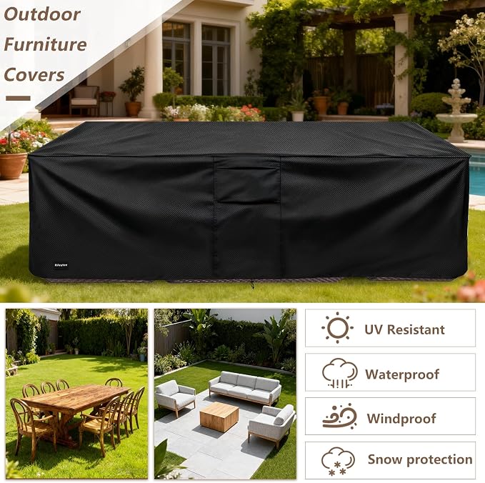 Rectangular Patio Furniture Covers,Upgraded 600D Heavy Duty Outdoor Furniture Covers Waterproof,Outdoor Sectional Dining Table and Chairs General Purpose Furniture Set Cover,111"L × 74"W × 28"H,Black - Image 4